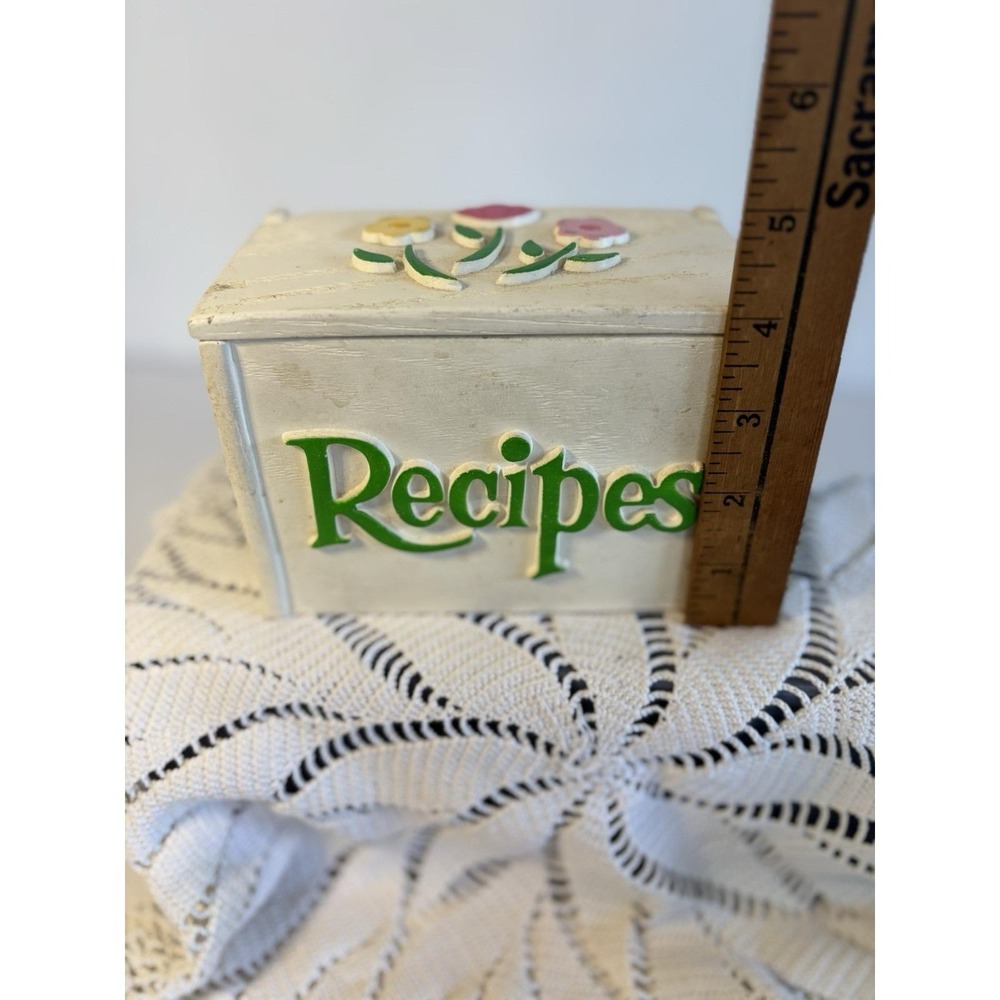 Vintage Recipe box flip open flowers Floral wood look white green pink FTD 1985 - Picture 10 of 11